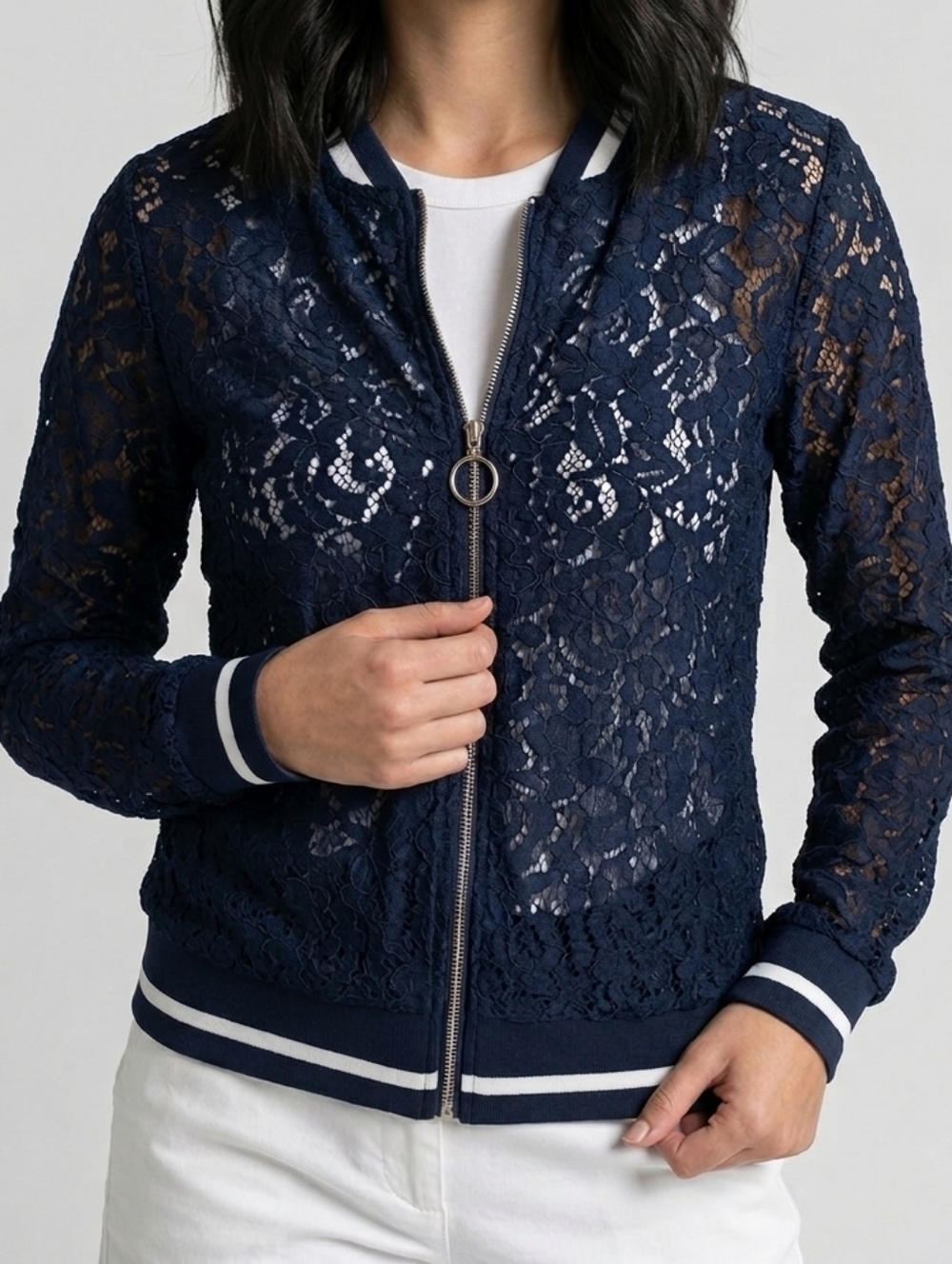 Colloseum Navy Blue Lace Bomber Jacket Sheer Sporty Varsity Coquette Aesthetic S